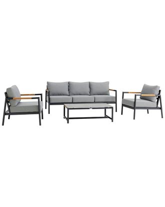 Armen Living Royal 4Pc Black Aluminum And Teak Outdoor Seating Set