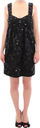 Dolce & Gabbana Zwarte Bloemenkristal Minijurk - Dames - Korte kleedjes - Zwart - S - Wol - Kleedjes
