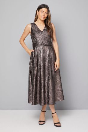 Wallis Womens Metallic Jacquard Belted Midi Dress - Size 14 UK