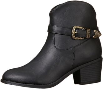 Generic Ankle Boots for Women UK Fashion Western Cowboy Style Leather Boots Chunky Heel Pointed Toe Heel Booties with Side Zipper and Stopper(Black,10)