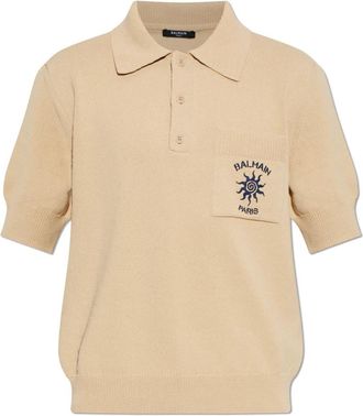 Balmain Pocket Polo Shirt - Heren - V-hals truien - Beige - M - Katoen - Truien & Vesten