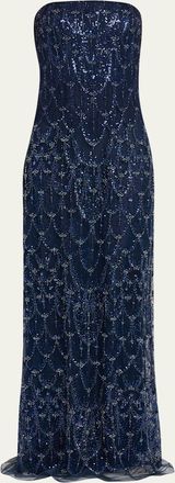Reem Acra Strapless Crystal Embellished Evening Gown