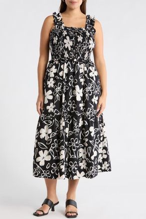 Sugarlips Kianza Floral Ember Smocked Midi Dress in Black-White at Nordstrom, Size 2 X