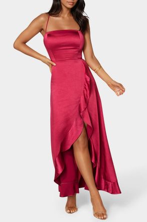 Bebe Womens Satin Ruffle Maxi Lace Up Back