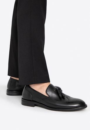 Wittchen Heren Leren Mocassins met perforaties, zwart, natuurlijk leer