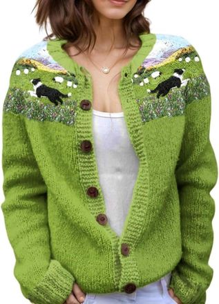 Generic Womens Autumn and Winter Warm Cute Animal Printed Knitted Cardigan Casual Loose Button Long Sleeve Fashion Round Neck Sweater (Green,XXL)