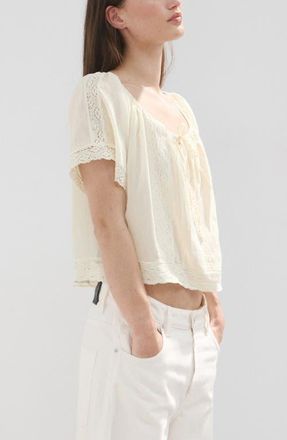 Mango Pintuck Lace Trim Cotton Shirt in Ecru at Nordstrom, Size 4