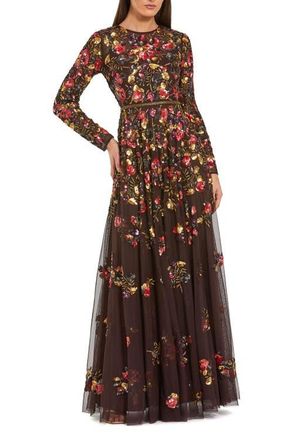 Mac Duggal Long Sleeve Floral Embellished Evening Gown in Espresso Multi at Nordstrom, Size 10