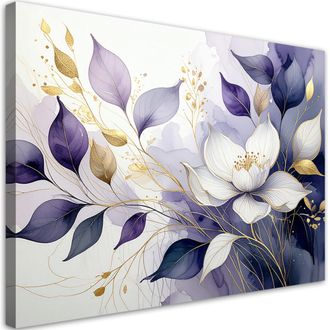 Feeby Cuadro Sobre Lienzo, Flores Moradas Pastel Hojas Naturaleza, 100x70