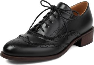 Generic Womens Lace-Up Oxfords Brogue Wingtip Perforated Round Toe Dress Shoes Low Chunky Heel Cushioned Insole Comfortable Classic Vintage Inspired Style,Bla