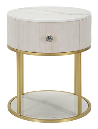 Mauro Ferretti Mesita de noche de metal dorado, tela beige y madera blanca &oslash; cm 42x48