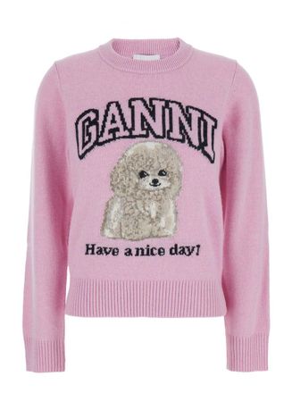 Ganni Pink Sweater With Round Neck And Maxi Logo On The Front In Wool Blend Woman