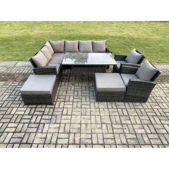 Fimous 10 Seater High Back Rattan Garden Furniture Set Corner Sofa With Rectangular Dining Table 2 Arm Chairs 2 Big Footstool - Fimous