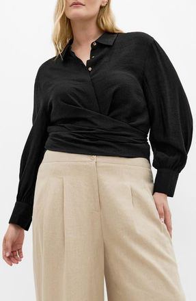 City Chic Rosabella Tie Hem Button-Up Shirt in Black at Nordstrom, Size Xxs