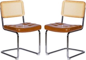 Urban Meuble Juego de 2 sillas de comedor vintage de ca&ntilde;a y cuero marr&oacute;n