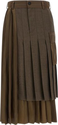 sacai Rokken, Dames, Bruin, M, Wol, Pliss&eacute; Midi Rok