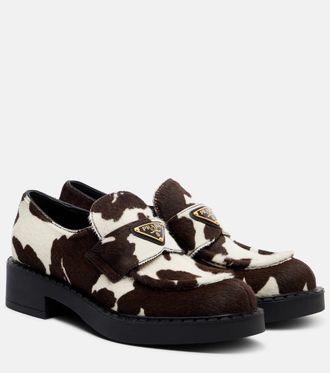Prada Chocolate cow-print calf hair loafers