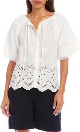 Karen Kane Eyelet Embroidered Cotton Button-Up Top in White at Nordstrom, Size X-Large