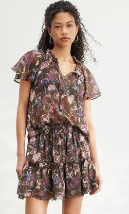 Treasure & Bond Floral Print Embroidered Chiffon Top in Olive Frou Floral at Nordstrom, Size Xx-Large