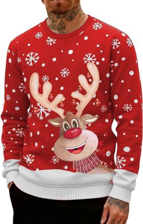 Generic Christmas Jumpers for Men UK Funny Ugly Reindeer Print 3D Graphic Tops Oversized Novelty Xmas Sweatshirt Crew Neck Long Sleeve Pullover Sweater Mens H