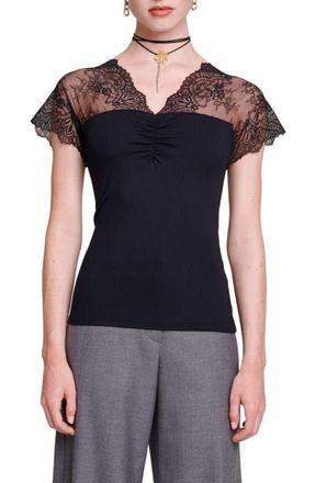 Maje Jersey top with lace trim in Black at Nordstrom, Size X-Large