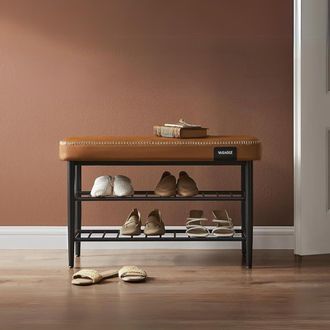 Vasagle Medium Mid-Century Shoe Storage Bench Synthetic Leather Entryway in Brown