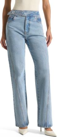 Mani&egrave;re De Voir Loane Twist Leg Boyfriend Jeans With Waist Adjuster in Mid Blue at Nordstrom, Size 12