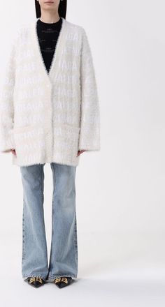 Balenciaga Womens Logo Jacquard Cardigan Fluffy Knit - Ivory Viscose - Size Medium