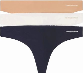 Tommy Hilfiger Womens 3-Pack Sleek Logo Thongs, Ivory/Beige/Navy - Black - Size: 14