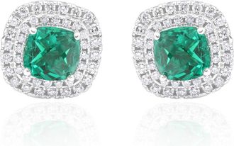 Pompeii3 4Ct Emerald & Lab Grown Diamond Cushion Halo Studs 14k White Gold