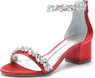 Generic Wedding Bridal Shoes Women Block Heel Wedding High Sandals Rhinestones Ankle Strap Low Heel Bridal Shoes 5.5Cm,red,10 UK