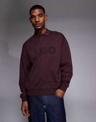 HUGO BOSS HUGO Red - Dimolox - Polo oversize stile rugby bordeaux con logo tono su tono-Rosso