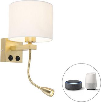 QAZQA Art D&eacute;co L&aacute;mpara De Pared Inteligente Dorada Con Pantalla Blanca Con Wifi A60 - Brescia Acero /textil Redonda Incluye Led Max. 1 X 1 Watt - Qazqa