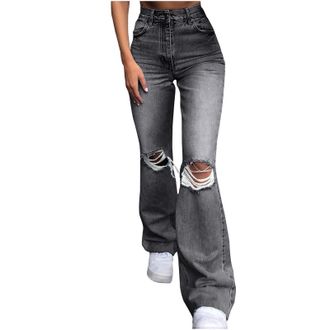 Generic Baggy Jeans Womens Casual High Waist Bell Button Ripped Knee Hole Loose Denim Pants Straight Leg Jeans for Women UK Jeans Womens (Black, L)