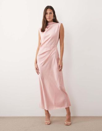 Asos Vestito midi in raso rosa polvere accollato con corpino a pieghe