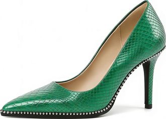 EDEFS Green Snakeprint Court Shoes for Women Pointed Toe Stiletto Heels 3.5 Inches Elegant Slip On Pumps for Office Work Party Wedding UK2