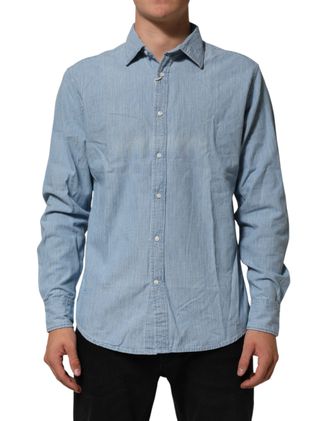 Deperlu Blue Denim Regular Fit Collared Long Sleeve Men Mens Shirt
