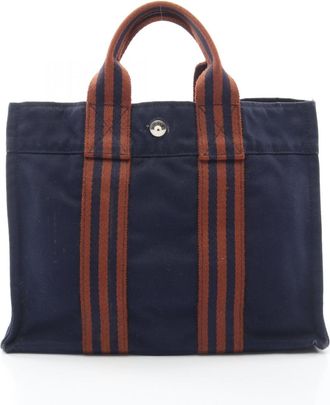 Herm&egrave;s Brown Navy Canvas Handbag Tote Bag (Pre-Owned)
