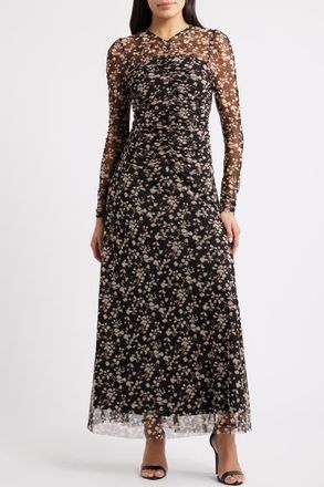 Parker The Willow Floral Long Sleeve Mesh Maxi Dress in Rich Black at Nordstrom, Size 10