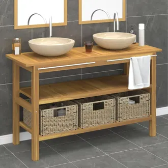 vidaXL Tocador De Ba&ntilde;o Madera Maciza De Teca Con Lavabos M&aacute;rmol Crema Vidaxl