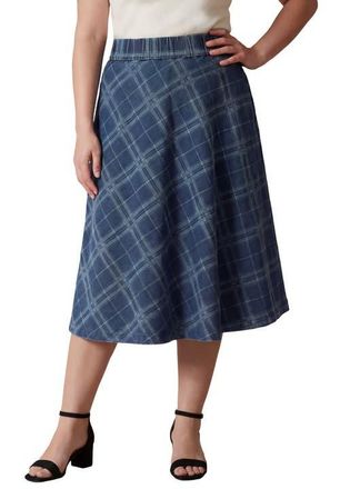 Jessica London Comfort Waist Stretch Denim Swing Skirt in Denim Bias Plaid at Nordstrom, Size 26