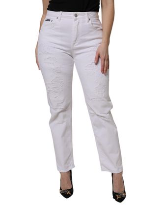 Dolce & Gabbana White Cotton Tattered BOYFRIEND Denim Womens Jeans (Pre-Owned)
