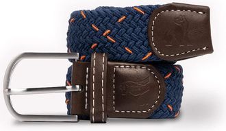 Swole Panda Unisex Recycled Woven Belt - Elastic Stretch Belt with Navy & Orange Dot Pattern
