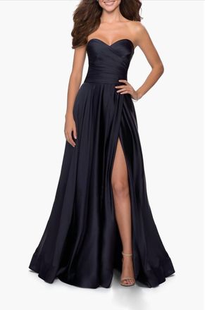La Femme Strapless Satin Gown With Pleated Bodice And Slit In Navy