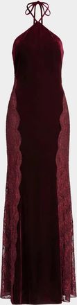Mac Duggal Velvet Lace-Accented Halterneck Column Gown