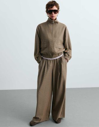 Oysho pantaloni a gamba larga a quadri pied de poule marroni-Marrone