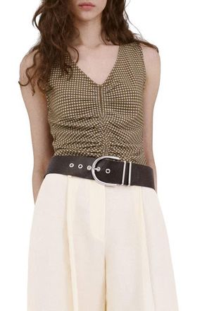 Mango Micro Check Ruched Cotton Blend Top in Khaki at Nordstrom, Size X-Small