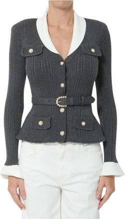 Self Portrait Ribbed Knit Cardigan - Dames - Vesten - Grijs - M - Wol - Truien & Vesten
