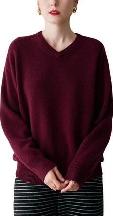 Dissa Women Cashmere Jumper Burgundy V-Neck Knitted Jumper Long Sleeve Relaxed Cashmere&Wool Thick Plain Ladies Sweater,UK 14,MY25241