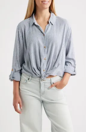 Beach Lunch Lounge Vivica Stripe Twist Hem Button-Up Shirt in Misty Cove at Nordstrom, Size X-Large
